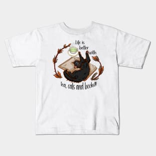 Life is better with tea, cats and books - Black cat Kids T-Shirt